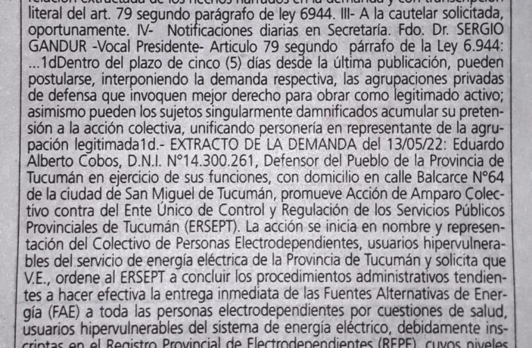 Acción de Amparo Colectivo del Defensor del Pueblo de Tucumán a favor de las personas Electrodependientes